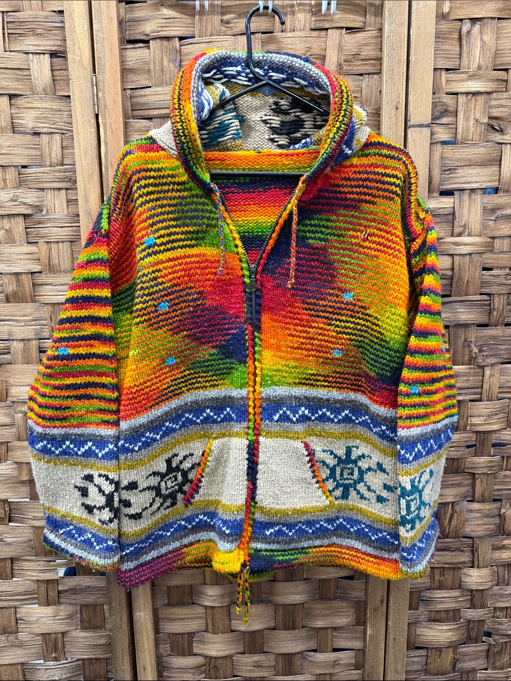Multicolor Hand-Knit Hoodie Sweater - Vibrant Rainbow Pattern